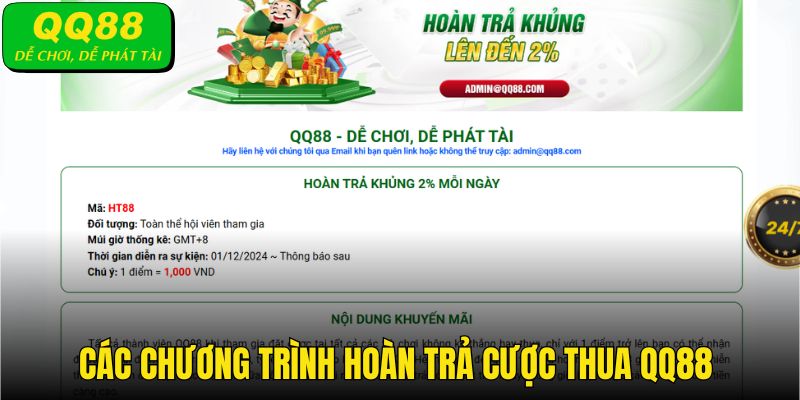 Thông tin về các chương trình hoàn tiền cược thua chỉ có tại QQ88